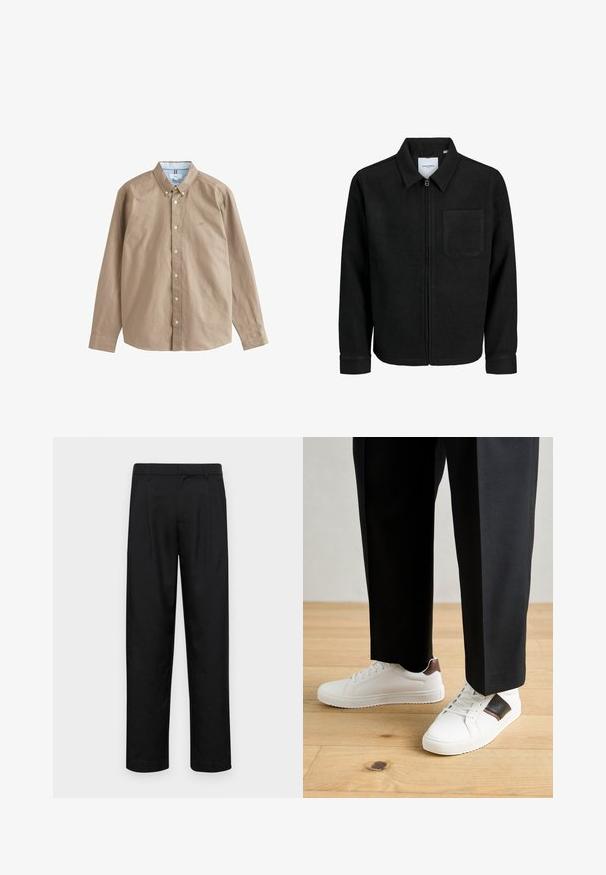 Črna jakna z zadrgo in ovratnikom ter enim žepom na prsih, prikazana na beli podlagi.; Dolga majica s kratkimi rokavi, zapenjanje na gumbe, v tan barvi iz bombaža. Ima ovratnik, bele gumbe in majhen logotip na prsih. Notranjost ima modre črtaste detajle.; Črne hlače iz gladkega materiala, s krojem ravne noge, dvema sprednjima pregiboma in standardnim pasom z zankami za pas.; Beli športni copati z gladko teksturo, okrašeni z rjavimi usnjenimi detajli in črnimi poudarki, v kombinaciji s črnimi krojenimi hlačami. Ozadje iz lesenih tal.