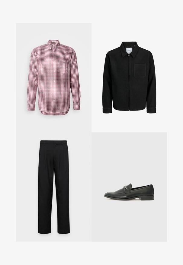 Giacca nera con zip, colletto e una tasca sul petto, mostrata su sfondo bianco.; Camicia a quadratini rossi e bianchi con maniche lunghe, colletto e tasca sul petto. Realizzata in tessuto leggero, con una texture liscia.; Pantaloni neri realizzati in tessuto liscio, caratterizzati da un taglio dritto, due pieghe frontali e una vita standard con passanti per la cintura.; Mocassino in pelle nera con finitura liscia, caratterizzato da un design cucito e da un accento decorativo in catena metallica sul vamp. Tacco piatto.