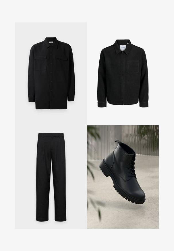 Jachetă neagră cu fermoar, cu guler și un singur buzunar pe piept, expusă pe fundal alb.; Cămașă neagră cu nasturi, confecționată dintr-un material neted, având un guler clasic, două buzunare frontale și mâneci lungi cu manșete cu nasturi.; Pantaloni negri dintr-un material neted, cu un design drept, două pliuri frontale și un tiv standard cu bucle pentru curea.; Botine din piele neagră până la gleznă, cu vârf rotund, design cu şireturi şi talpă din cauciuc robustă. Textură netedă cu o bandă de prindere în spate.
