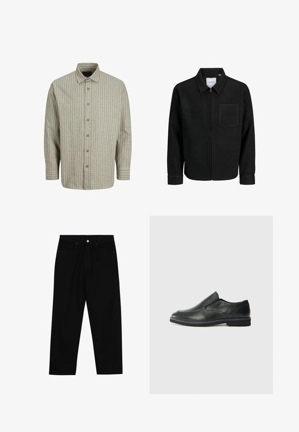 Czarna kurtka z zamkiem na całej długości, z kołnierzem i jedną kieszenią na piersi, umieszczona na białym tle.; Koszula zapinana na guziki, wykonana z lekkiego materiału, w beżowo-granatową kratkę, z kołnierzykiem rozłożystym i drewnianymi guzikami.; Czarne spodnie dżinsowe w klasycznym kroju prostym, z pięcioma kieszeniami i zapięciem na guzik z przodu. Gładka tekstura z minimalnymi detalami szwy.; Czarne skórzane buty wsuwane z gładką cholewką, przeszyciami, okrągłym noskiem i niskim gumowym obcasem. Podeszwa ma minimalny bieżnik.