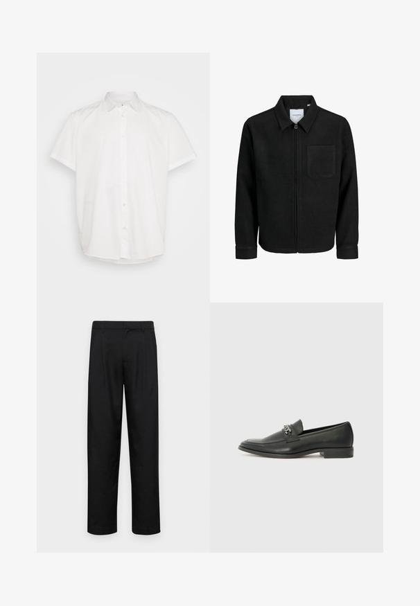 Melna jaka ar rāvējslēdzēju un apkakli, vienu krūšu kabatu, parādīta uz baltas fona.; Balts īsām piedurknēm krekls no kokvilnas, ar klasisku apkakli un pogām priekšā, taisnu apakšmalu. Gluda tekstūra, bez rakstiem.; Melnas bikses, izgatavotas no gludas auduma, ar taisnu kāju dizainu, divām priekšējām krokām un standarta jostu, kurai ir āķi.; Melna ādas loafer izmēra apavi ar gludu virsmu, piedāvā ar šūtu dizainu un dekoratīvu metāla ķēdes akcentu pār vampu. Plakana papēža daļa.