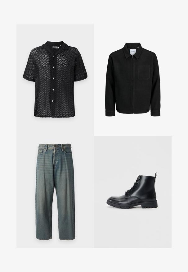Črna jakna z zadrgo in ovratnikom ter enim žepom na prsih, prikazana na beli podlagi.; Črna majica s kratkimi rokavi iz čipkastega materiala, ki ima chevron vzorec, ovratnik in sprednje zapiranje na gumbe z belimi gumbi.; Svetlomoderne kavbojke z ohlapnim krojem, srednjim pasom in ravnimi nogami. Imajo pet žepov, zanke za pas in zapiranje na gumb.; Črne usnjene gležnjarje s okroglimi prsti, z vezalkami spredaj in šivanim detajlom. Imajo zanko za oblačenje na hrbtni strani in teksturiran gumijast podplat.