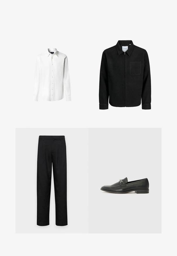 Schwarze Zip-Jacke mit Kragen und einer einzelnen Brusttasche, auf weißem Hintergrund präsentiert.; Hackett London Hemd - white; Schwarze Hose aus glattem Stoff, mit geradem Bein Design, zwei vorderen Falten und einem Standardbund mit Gürtelschlaufen.; Schwarzer Lederloafer mit glatter Oberfläche, ausgestattet mit einer gesteppten Gestaltung und einem dekorativen Metallkettendetail über dem Vorderblatt. Flacher Absatz.