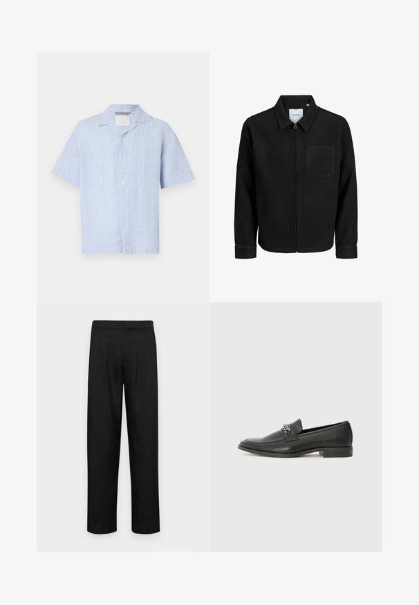 Čierna zipsová bunda s golierom a jednou náprsníkou, vystavená na bielom pozadí.; Svetlomodrá krátkosrstá košeľa vyrobená z ľanu s vertikálnymi bielymi pruhmi, s ostrým golierom a piatimi gombíkmi na prednej strane.; Čierne nohavice vyrobené z hladkej tkaniny, s rovnými nohavicami, dvoma prednými skladmi a štandardným pásom s pútkami na opasok.; Čierne kožené loafers s hladkým povrchom, s prešitým dizajnom a dekoratívnym kovovým reťazovým akcentom cez priehlavok. Plochý podpätok.