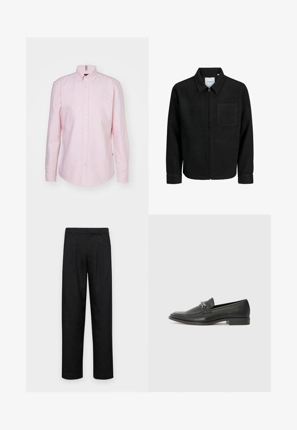 Juodas džemperis su užtrauktuku, apykakle ir vienu krūtiniu kišenėje, pristatytas baltame fone.; Ilgais rankovėmis rožinės spalvos mygtukinė marškinėliai, pagaminti iš medvilnės, su apykakle, priekiniais mygtukais ir mažu logotipu krūtinėje. Klasikinio kirpimo dizainas.; Juodi kelnių modeliai, pagaminti iš lygios medžiagos, turi tiesią kojas, du priekiniai klostės ir standartinę juosmenį su diržo kilpomis.; Juodos odinės loafer tipo bateliai su lygiu paviršiumi, turintys siuvinėtą dizainą ir dekoratyvų metalo grandinėlės akcentą ant batų viršaus. Plokščias kulnas.