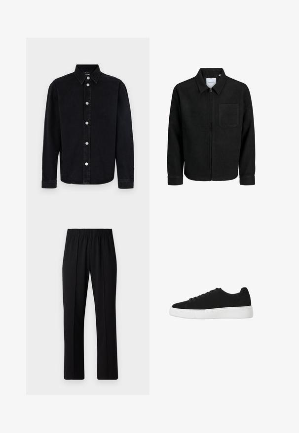 Veste zippée noire avec col et poche poitrine unique, présentée sur fond blanc.; Chemise en denim noir à manches longues, avec col boutonné et éléments en métal argenté. Présente une coupe droite et une texture lisse.; Pantalons noirs à taille élastique avec une coupe droite, présentant une texture lisse et sans motifs ni éléments visibles.; Baskets en suède noir avec un bout rond, un laçage à l'avant et une semelle en caoutchouc blanche. Design simple avec des accents minimaux et une texture lisse.