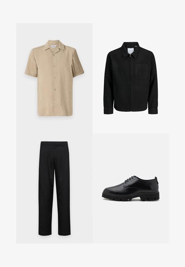 Juodas džemperis su užtrauktuku, apykakle ir vienu krūtiniu kišenėje, pristatytas baltame fone.; Bežinis trumpas rankovėmis švarkelis, pagamintas iš lengvos medžiagos, su mygtukų užsegimu priekyje, klasikiniu apykakle ir šiek tiek tekstūruota paviršiumi.; Juodi kelnių modeliai, pagaminti iš lygios medžiagos, turi tiesią kojas, du priekiniai klostės ir standartinę juosmenį su diržo kilpomis.; Juodi odiniai batai su lygiu paviršiumi, su raišteliais ir storu, tvirtu gumuotu padu, kuris turi gilius raštus sukibimui.