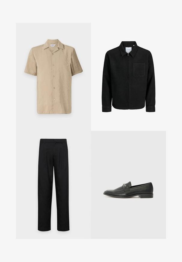 Jachetă neagră cu fermoar, cu guler și un singur buzunar pe piept, expusă pe fundal alb.; Cămașă bej cu mânecă scurtă, fabricată dintr-un material ușor, cu închidere prin butoni, guler clasic și suprafață ușor texturată.; Pantaloni negri dintr-un material neted, cu un design drept, două pliuri frontale și un tiv standard cu bucle pentru curea.; Pantofii negri din piele cu un finisaj neted, având un design cusut și un accent decorativ de lanț metalic peste partea de sus. Toc plat.