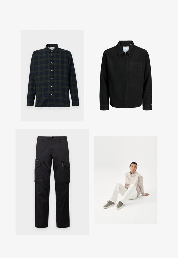 Musta vetoketjullinen takki, jossa on kaulus ja yksi rintatasku, esitelty valkoista taustaa vasten.; Pitkähihaisessa ruudullisessa paidassa on tummanvihreitä ja laivastonsinisiä värejä. Se on valmistettu puuvillasta ja siinä on nappikaulus sekä etunappilista.; Mustat cargo-housut, joissa on useita taskuja, vetoketjullinen tasku reidellä, suora malli ja kestävä puuvillakangas, jossa on kevyt kiilto.; Kemeja berwarna krem dengan kancing, celana putih, dan sepatu sneaker abu-abu. Kemeja memiliki potongan longgar, dan sepatu sneakers memiliki permukaan bertekstur serta desain tali.