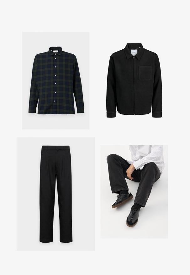 Jachetă neagră cu fermoar, cu guler și un singur buzunar pe piept, expusă pe fundal alb.; Cămașă cu mânecă lungă, în carouri, de culoare verde închis și bleumarin, fabricată din bumbac, având guler cu nasturi și placket cu nasturi în față.; Pantaloni negri dintr-un material neted, cu un design drept, două pliuri frontale și un tiv standard cu bucle pentru curea.; Adidași negri cu un model neted și texturat, având o talpă din cauciuc și șireturi închise la culoare. Asortați cu blugi negri și o cămașă albă cu dungi.