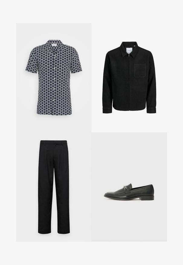 Giacca nera con zip, colletto e una tasca sul petto, mostrata su sfondo bianco.; Camicia a maniche corte blu navy con un motivo circolare bianco, con chiusura bottone e una morbida texture del tessuto.; Pantaloni neri realizzati in tessuto liscio, caratterizzati da un taglio dritto, due pieghe frontali e una vita standard con passanti per la cintura.; Mocassino in pelle nera con finitura liscia, caratterizzato da un design cucito e da un accento decorativo in catena metallica sul vamp. Tacco piatto.