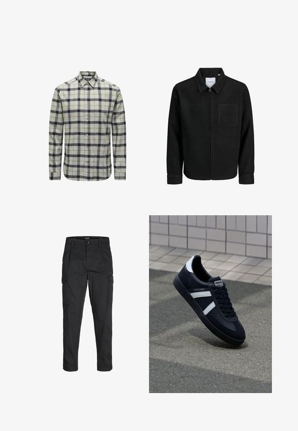 Melna jaka ar rāvējslēdzēju un apkakli, vienu krūšu kabatu, parādīta uz baltas fona.; Gaiši pelēka pogu krekls ar tumši zilu un brūnu rūtainu rakstu, ar garām piedurknēm, izteiktu apkakli un pogu detaļām.; Melnas kravas bikses, izgatavotas no izturīga auduma, ar vairākiem kabatām, pogu aizdari un šaura piegriezuma dizainu ar sašaurinātiem kāju apakšiem.; Melnā ādas sporta apavi ar baltām svītrām, teksturēta gumijas zole un auklu aizdare. Iekļauj zīmola etiķeti uz mēles.