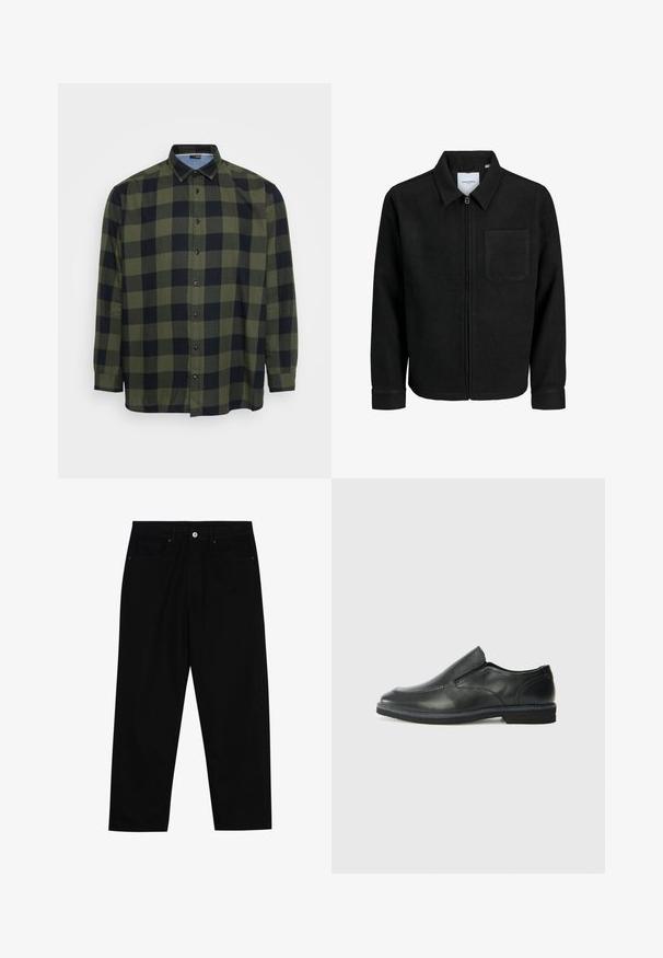 Giacca nera con zip, colletto e una tasca sul petto, mostrata su sfondo bianco.; Camicia a quadri verde e nera con maniche lunghe, chiusura con bottoni e collo classico. Realizzata in tessuto leggero con una texture liscia.; Pantaloni in denim nero con taglio dritto, design a cinque tasche e chiusura frontale con bottone. Tessuto liscio con dettagli di cucitura minimi.; Scarpa nera in pelle con inserto scivolare, superiore liscio, dettagli cuciti, punta arrotondata e tacco in gomma basso. La suola presenta un battistrada minimale.