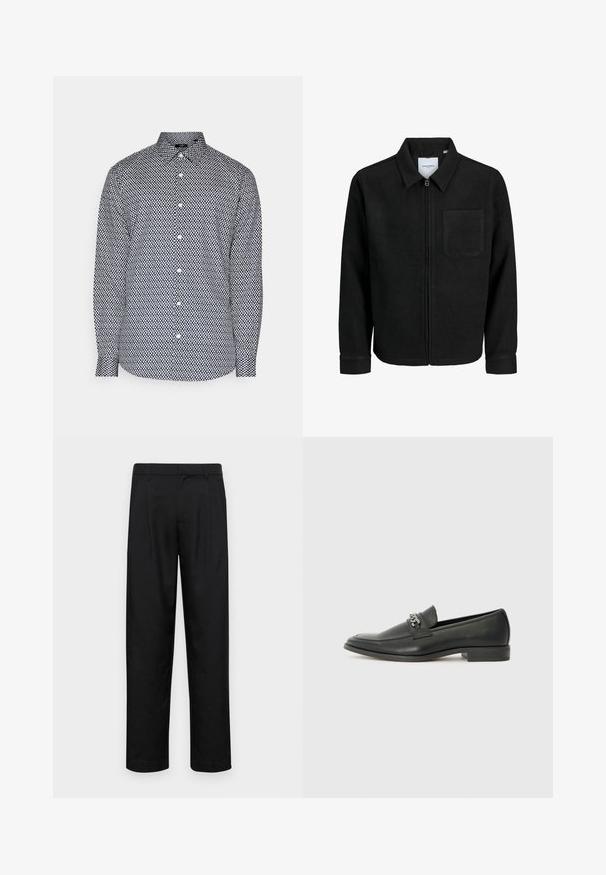 Črna jakna z zadrgo in ovratnikom ter enim žepom na prsih, prikazana na beli podlagi.; Majica s dolgimi rokavi v črno-beli barvi z geometrijskim vzorcem, s kragnico na gumb, običajnim krojem in zapiranjem na gumbe spredaj.; Črne hlače iz gladkega materiala, s krojem ravne noge, dvema sprednjima pregiboma in standardnim pasom z zankami za pas.; Črni usnjeni loafer z gladko površino, ki ima šivano zasnovo in dekorativni kovinski verižni naglas preko vampirja. Ravno peto.