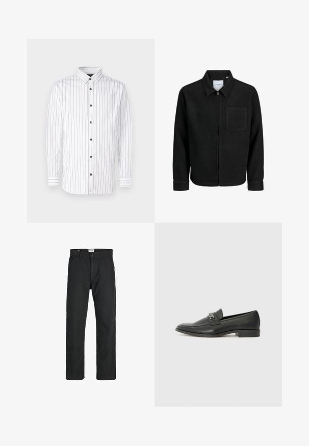 Fekete, zipzáros dzseki gallérral és egyetlen mellzsebbel, fehér háttéren.; Fehér, hosszú ujjú ing, keskeny függőleges piros és kék csíkozással, gombos kialakítással, hegyes gallérral és fekete gombokkal.; Fekete nadrág tartós anyagból, egyenes szárú kialakítással, varrott díszítésekkel és két elülső zsebbel a funkciók érdekében.; Fekete bőr loaferek sima felülettel, varrott mintával és díszítő fém lánccal a cipő elején. Lapos sarok.