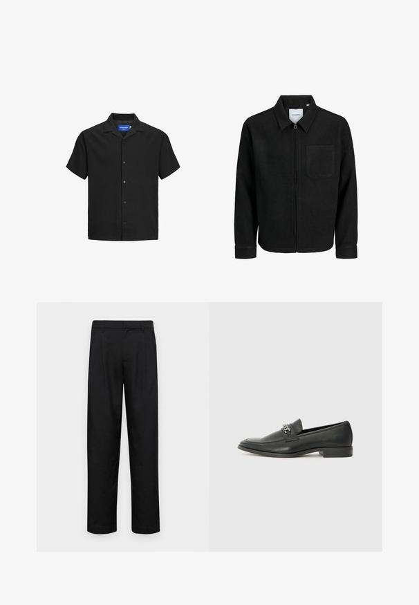 Schwarze Zip-Jacke mit Kragen und einer einzelnen Brusttasche, auf weißem Hintergrund präsentiert.; Schwarzes Kurzarmhemd mit Kragen, aus strukturiertem Stoff, mit einer Knopfleiste vorne und geradem Saum. Logostickerei im Nacken.; Schwarze Hose aus glattem Stoff, mit geradem Bein Design, zwei vorderen Falten und einem Standardbund mit Gürtelschlaufen.; Schwarzer Lederloafer mit glatter Oberfläche, ausgestattet mit einer gesteppten Gestaltung und einem dekorativen Metallkettendetail über dem Vorderblatt. Flacher Absatz.