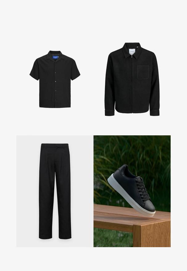 Schwarze Zip-Jacke mit Kragen und einer einzelnen Brusttasche, auf weißem Hintergrund präsentiert.; Schwarzes Kurzarmhemd mit Kragen, aus strukturiertem Stoff, mit einer Knopfleiste vorne und geradem Saum. Logostickerei im Nacken.; Schwarze Hose aus glattem Stoff, mit geradem Bein Design, zwei vorderen Falten und einem Standardbund mit Gürtelschlaufen.; Schwarze Leder-Sneaker mit glatter Oberfläche, weißer Gummisohle und sechs Ösen für Schnürsenkel, auf einer Holzfläche präsentiert.