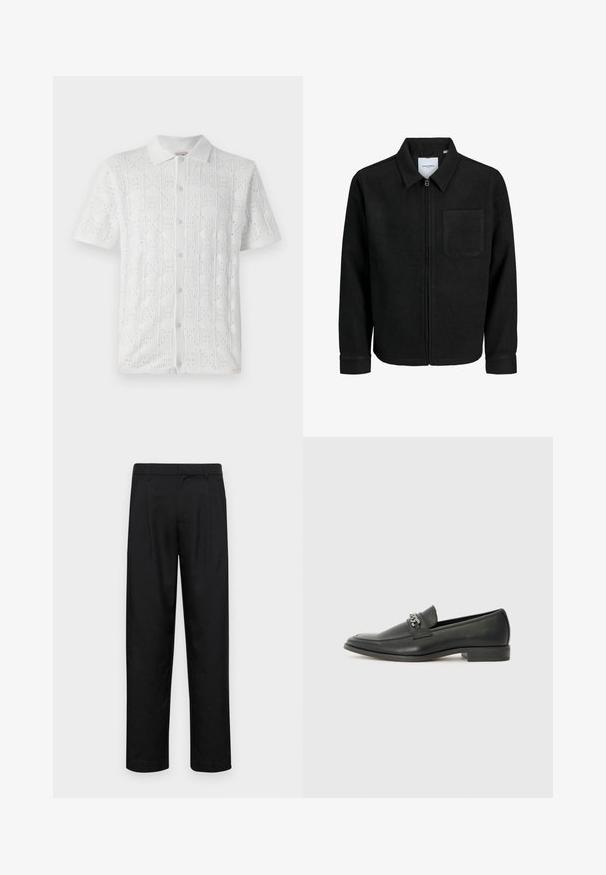 Jachetă neagră cu fermoar, cu guler și un singur buzunar pe piept, expusă pe fundal alb.; Cămașă albă cu mâneci scurte, cu un model texturat în grilă și perforații mici, având un guler și cinci butoane pe partea din față.; Pantaloni negri dintr-un material neted, cu un design drept, două pliuri frontale și un tiv standard cu bucle pentru curea.; Pantofii negri din piele cu un finisaj neted, având un design cusut și un accent decorativ de lanț metalic peste partea de sus. Toc plat.