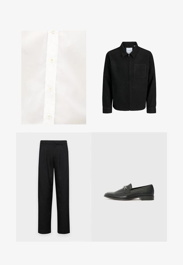 Zwarte zip-up jas met kraag en enkele borstzak, weergegeven op een witte achtergrond.; Witte blouse met een rechte kraag, zes witte knopen en een gladde, licht gestructureerde stof. Geen zichtbare patronen of accenten.; Zwarte broeken van gladde stof, met een recht model, twee voorknikken en een standaard tailleband met riemlussen.; Zwarte leren instapper met een gladde afwerking, voorzien van een gestikt ontwerp en een decoratieve metalen kettingaccent over de wreef. Platte hak.