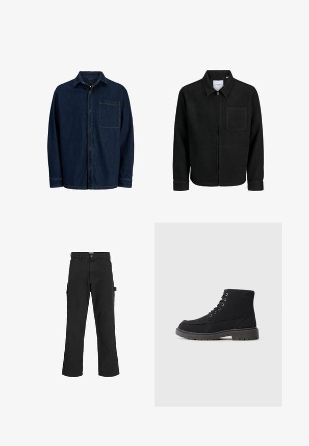 Mustaga lukuga jakker, millel on krae ja üks rinna-tasku, esitatud valgel taustal.; Tumesinine klappkraedega nupp-särk pikade varrukatega, mis sisaldab rinna taskut. Omab pruune nuppe ja kollaseid õmblemise aksente.; Mustad seljandavad püksid puuvilla ja sünteetilise segu kangast. Omavad laiu jalgu, ees kaldus taskuid ning külgtaskut, millel on tarvikute jaoks silmus.; Mustad mustad mustad mustad mustad mustad, ringi varbaga ja kuue silmapaari nöörimisega. Tugevdatud õmblus ääre ääres.