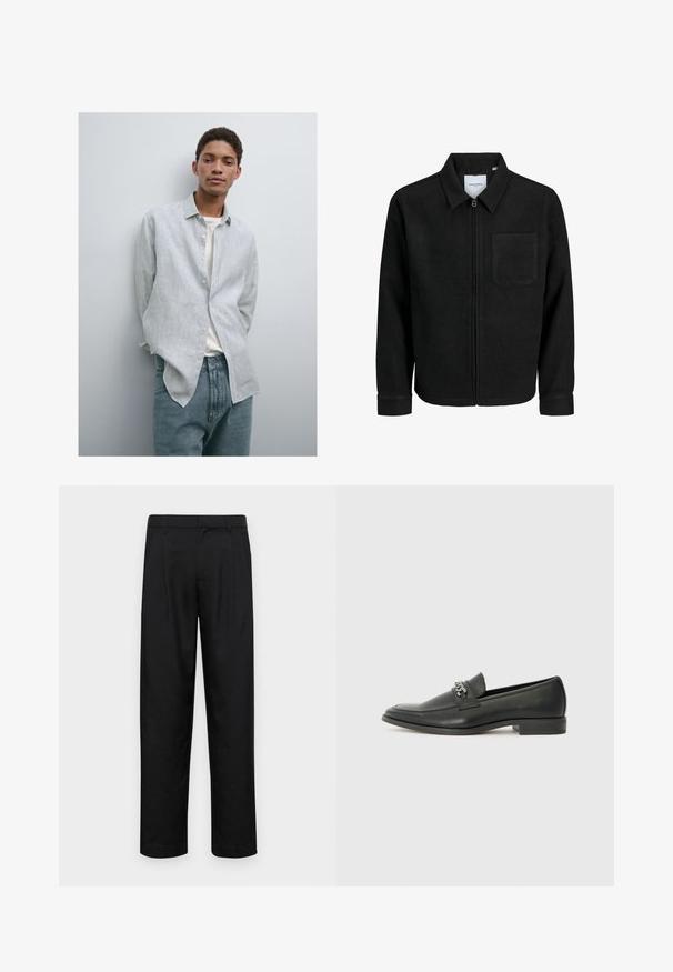 Giacca nera con zip, colletto e una tasca sul petto, mostrata su sfondo bianco.; Camicia button-up a righe blu chiaro e bianca con colletto, abbinata a jeans in denim blu chiaro. Tessuto morbido, vestibilità comoda e maniche lunghe.; Pantaloni neri realizzati in tessuto liscio, caratterizzati da un taglio dritto, due pieghe frontali e una vita standard con passanti per la cintura.; Mocassino in pelle nera con finitura liscia, caratterizzato da un design cucito e da un accento decorativo in catena metallica sul vamp. Tacco piatto.