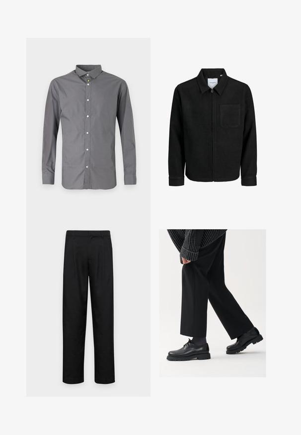Čierna zipsová bunda s golierom a jednou náprsníkou, vystavená na bielom pozadí.; Sivá dlhá košeľa s dlhým rukávom z bavlneného zmesi, s klasickým golierom, predným zapínaním na gombíky a lesklými bielymi gombíkmi pozdĺž zapínania.; Čierne nohavice vyrobené z hladkej tkaniny, s rovnými nohavicami, dvoma prednými skladmi a štandardným pásom s pútkami na opasok.; Čierne kožené topánky s okrúhlou špičkou, viazaním a hrubou, štruktúrovanou podrážkou. Nosené s upravenými čiernymi nohavicami a rebrovaným sveterom.