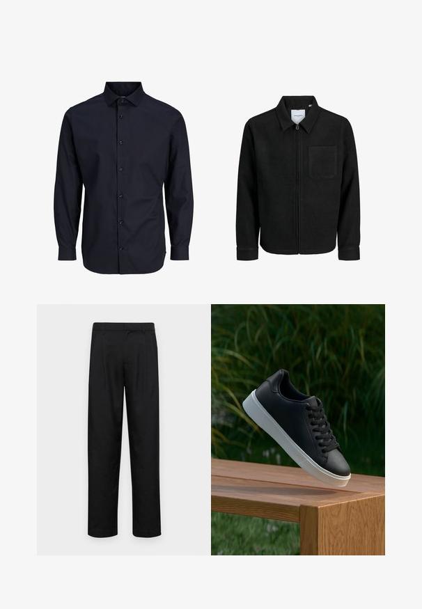 Chaqueta negra con cremallera y cuello, con un solo bolsillo en el pecho, expuesta sobre un fondo blanco.; Camisa de botones azul marino con mangas largas, cuello estándar, placket frontal, textura suave y puños con un solo botón.; Pantalones negros de tela suave, con un diseño de pierna recta, dos pliegues frontales y una cintura estándar con trabillas para el cinturón.; Zapatilla negra de cuero con una textura suave, suela de goma blanca y seis ojetes para cordones, exhibida sobre una superficie de madera.