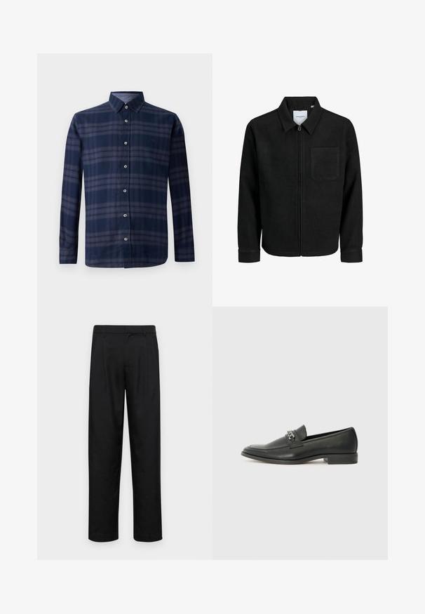 Zwarte zip-up jas met kraag en enkele borstzak, weergegeven op een witte achtergrond.; Langarmige marineblauwe geruite shirt met knopen aan de voorkant en een puntige kraag, weergegeven tegen een witte achtergrond.; Zwarte broeken van gladde stof, met een recht model, twee voorknikken en een standaard tailleband met riemlussen.; Zwarte leren instapper met een gladde afwerking, voorzien van een gestikt ontwerp en een decoratieve metalen kettingaccent over de wreef. Platte hak.