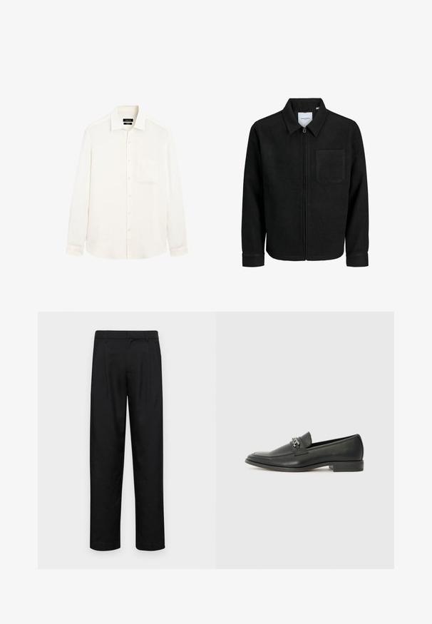 Giacca nera con zip, colletto e una tasca sul petto, mostrata su sfondo bianco.; Camicia a maniche lunghe di colore crema realizzata in lino leggero, con colletto button-down e una tasca sul petto. Presenta una vestibilità rilassata.; Pantaloni neri realizzati in tessuto liscio, caratterizzati da un taglio dritto, due pieghe frontali e una vita standard con passanti per la cintura.; Mocassino in pelle nera con finitura liscia, caratterizzato da un design cucito e da un accento decorativo in catena metallica sul vamp. Tacco piatto.