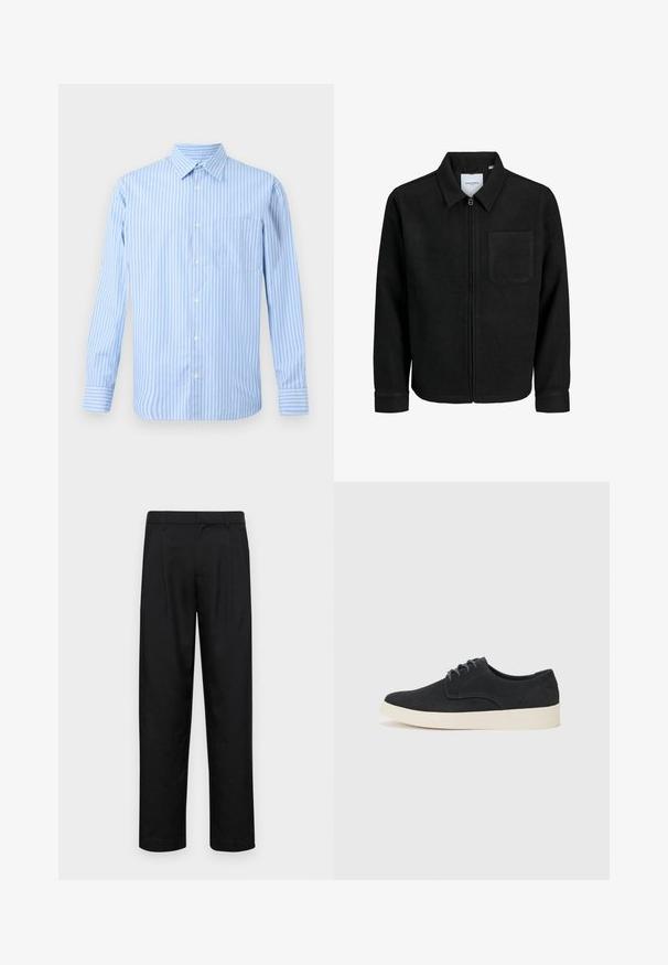Čierna zipsová bunda s golierom a jednou náprsníkou, vystavená na bielom pozadí.; Svetlomodrá a biela pruhovaná košeľa s dlhým rukávom a gombíkmi, s jednou náprsníkovou vreckom. Jednoduchý, klasický dizajn na neutrálnom pozadí.; Čierne nohavice vyrobené z hladkej tkaniny, s rovnými nohavicami, dvoma prednými skladmi a štandardným pásom s pútkami na opasok.; Čierne semišové šnurovacie topánky s okrúhlou špičkou, ľahkou krémovou podrážkou a jemnými modrými švy na vrchu.