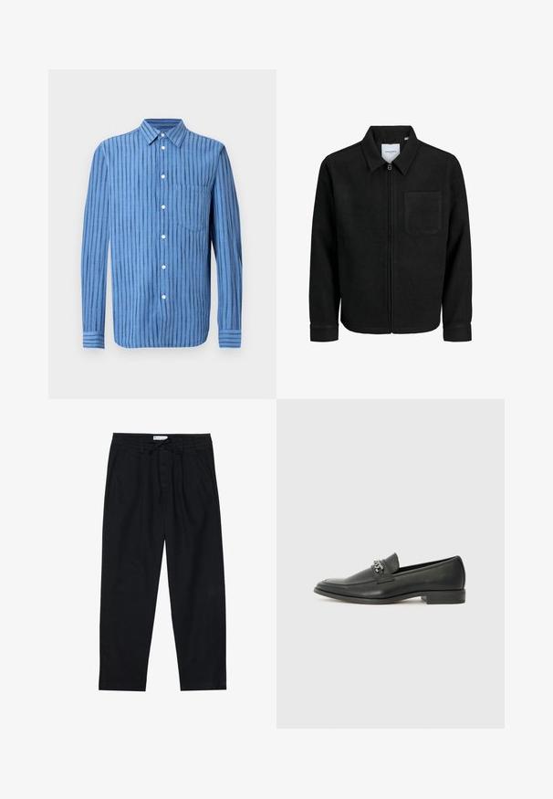 Crna jakna na zip s ovratnikom i jednim džepom na prsima, prikazana na bijeloj pozadini.; Plava košulja s dugim rukavima na kopčanje s okomitim crnim prugama i prednjim džepom na prsima, prikazana na bijeloj pozadini.; Pier One Chino hlače - black; Crna kožna loafer cipela s glatkom finišem, s ušivenim uzorkom i dekorativnim metalnim lancem preko prednjeg dijela. Ravni potplat.