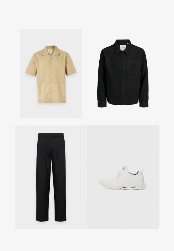 Giacca nera con zip, colletto e una tasca sul petto, mostrata su sfondo bianco.; Camicia a maniche corte, con bottoni, di colore beige chiaro con un sottile motivo a griglia. Realizzata in un tessuto morbido e textured; presenta un colletto classico e cinque bottoni.; Pantaloni neri realizzati in tessuto liscio, caratterizzati da un taglio dritto, due pieghe frontali e una vita standard con passanti per la cintura.; Scarpe atletiche bianche con tomaia in maglia testurizzata, lacci piatti e una suola ammortizzata con camere d'aria visibili per un supporto aggiuntivo.