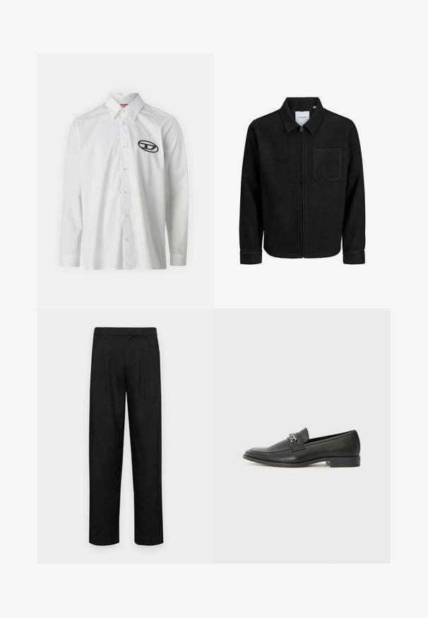 Schwarze Zip-Jacke mit Kragen und einer einzelnen Brusttasche, auf weißem Hintergrund präsentiert.; Weißes Langarmhemd aus Baumwolle mit Button-Down-Kragen und einem schwarzen gestickten Logo auf der linken Brust.; Schwarze Hose aus glattem Stoff, mit geradem Bein Design, zwei vorderen Falten und einem Standardbund mit Gürtelschlaufen.; Schwarzer Lederloafer mit glatter Oberfläche, ausgestattet mit einer gesteppten Gestaltung und einem dekorativen Metallkettendetail über dem Vorderblatt. Flacher Absatz.