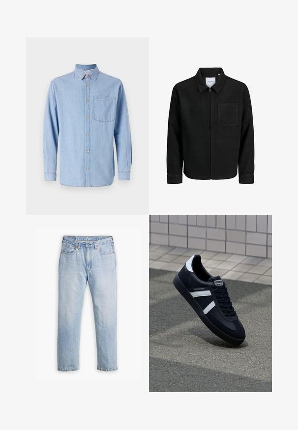 Fekete, zipzáros dzseki gallérral és egyetlen mellzsebbel, fehér háttéren.; Világoskék farmering, gombos gallérral, hosszú ujjú, egy mellzsebbel. Barna gombdíszítéssel és kontrasztos varrással rendelkezik.; Világoskék farmernadrág, egyenes szár kialakítással, öt zsebes stílusban és kontrasztos varrással. Gombos és cipzáras záródás a deréknál.; Fekete bőr sportcipő fehér csíkokkal, textúrált gumitalppal és fűzős elejével. A nyelvén márkás címke található.