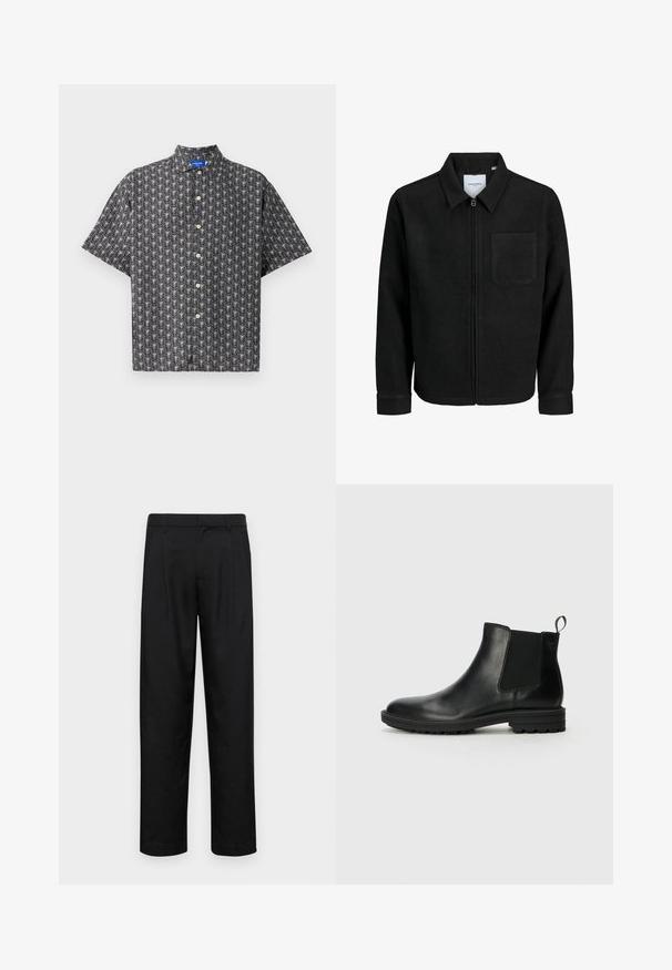 Zwarte zip-up jas met kraag en enkele borstzak, weergegeven op een witte achtergrond.; Korte mouwen knoopshirt van zwarte stof met een patroon van witte bladeren, een puntige kraag en lichtbruine knopen die gelijkmatig over de voorkant zijn verdeeld.; Zwarte broeken van gladde stof, met een recht model, twee voorknikken en een standaard tailleband met riemlussen.; Jack & Jones JFWHOSKINS - Korte laarzen - anthracite