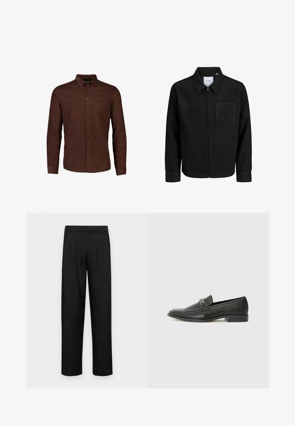 Zwarte zip-up jas met kraag en enkele borstzak, weergegeven op een witte achtergrond.; Bruine button-up shirt gemaakt van gestructureerde stof. Bevat een klassieke kraag en een frontplacket met donkere knopen. Lange mouwen.; Zwarte broeken van gladde stof, met een recht model, twee voorknikken en een standaard tailleband met riemlussen.; Zwarte leren instapper met een gladde afwerking, voorzien van een gestikt ontwerp en een decoratieve metalen kettingaccent over de wreef. Platte hak.