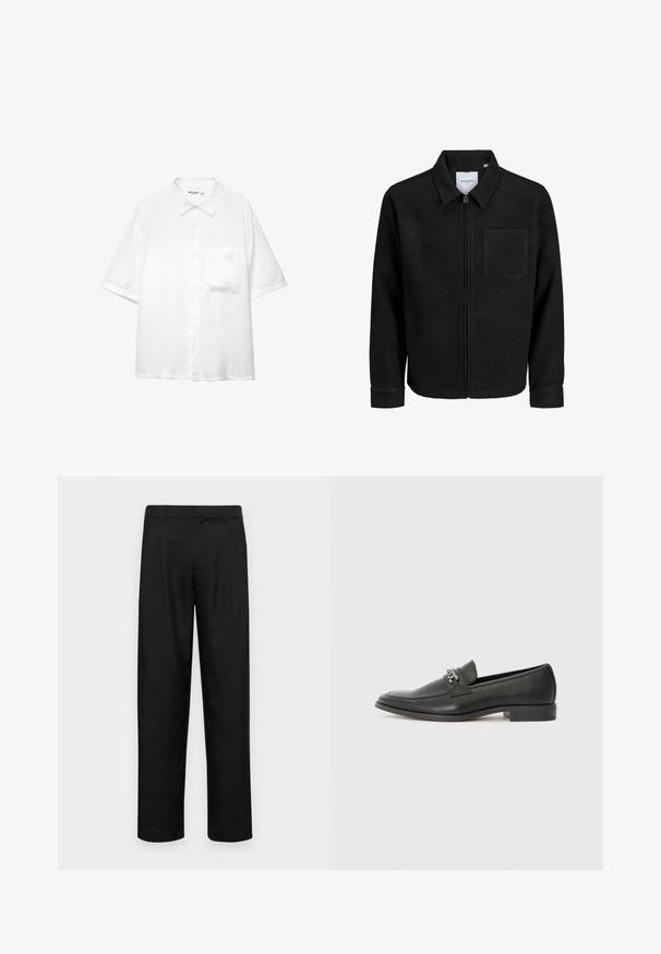 Giacca nera con zip, colletto e una tasca sul petto, mostrata su sfondo bianco.; Camicia bianca a maniche corte, realizzata in un tessuto liscio, con colletto e una singola tasca sul petto, dal design a vestibilità rilassata.; Pantaloni neri realizzati in tessuto liscio, caratterizzati da un taglio dritto, due pieghe frontali e una vita standard con passanti per la cintura.; Mocassino in pelle nera con finitura liscia, caratterizzato da un design cucito e da un accento decorativo in catena metallica sul vamp. Tacco piatto.