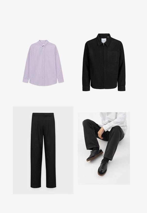 Juodas džemperis su užtrauktuku, apykakle ir vienu krūtiniu kišenėje, pristatytas baltame fone.; Violet ir baltų dryžių ilgomis rankovėmis marškiniai su mygtukų apykakle, viena krūtinės kišenė ir išlenktu apvadu. Pagaminta iš lengvos medžiagos.; Juodi kelnių modeliai, pagaminti iš lygios medžiagos, turi tiesią kojas, du priekiniai klostės ir standartinę juosmenį su diržo kilpomis.; Juodi sportbačiai su lygiu ir tekstūruotu paviršiumi, turi guminį padas ir tamsias raištelius. Suderinti su juodomis džinsais ir balta juostuota marškinėliais.