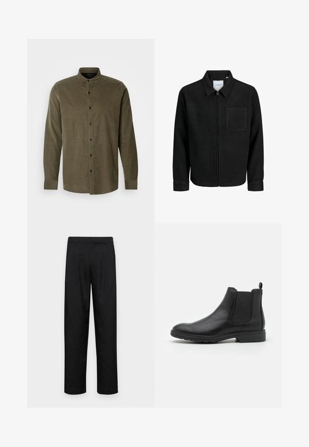 Chaqueta negra con cremallera y cuello, con un solo bolsillo en el pecho, expuesta sobre un fondo blanco.; Camisa de corduroy verde oliva con mangas largas, cuello abotonado, pliegue frontal de botones y botones de plástico negro. Tejido de textura suave.; Pantalones negros de tela suave, con un diseño de pierna recta, dos pliegues frontales y una cintura estándar con trabillas para el cinturón.; Botín Chelsea de cuero negro con paneles laterales elásticos y una tira de sujeción, con punta redondeada y suela de goma texturizada.