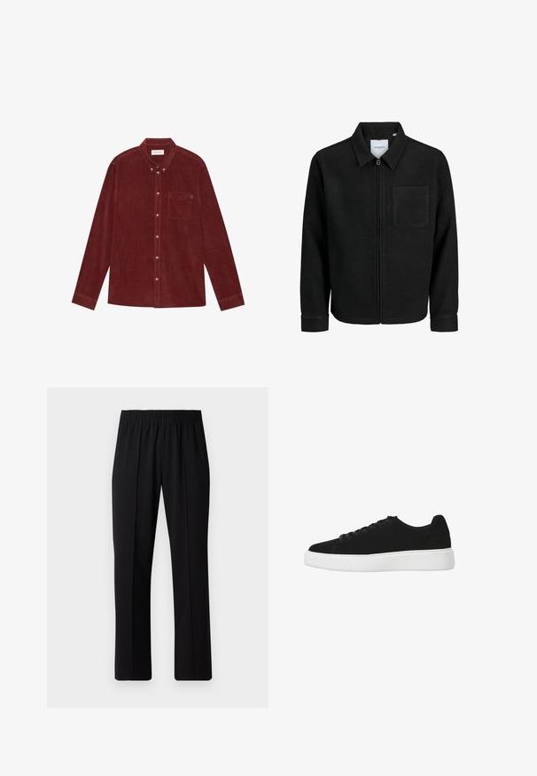 Black zip-up jacket with collar and single chest pocket, displayed on white background.; Red corduroy shirt with a button-down collar, long sleeves, front pocket, and gold-tone buttons. Textured fabric.; Black, elastic-waist trousers with a straight-leg design, featuring a smooth texture and no visible patterns or hardware.; Black suede sneaker with a rounded toe, lace-up front, and white rubber sole. Simple design with minimal accents and smooth texture.