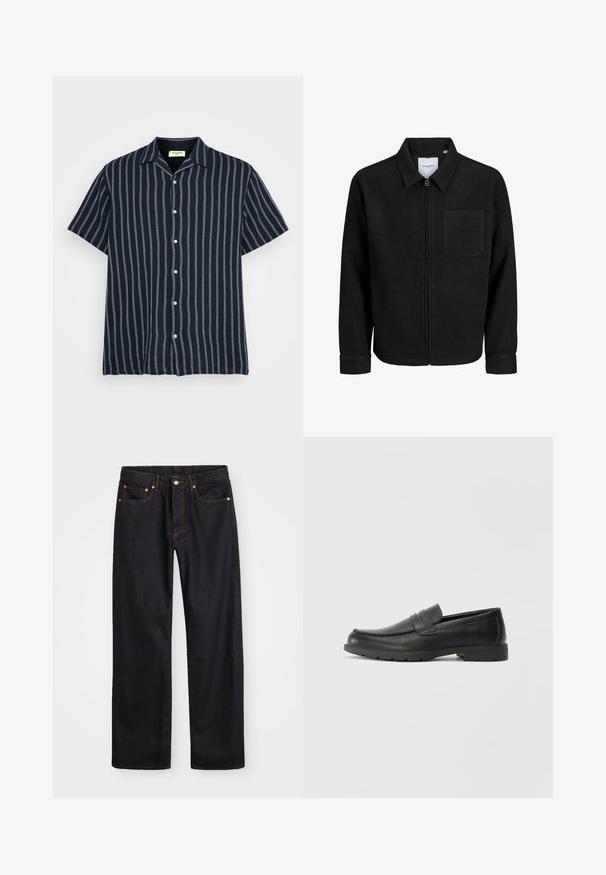 Melna jaka ar rāvējslēdzēju un apkakli, vienu krūšu kabatu, parādīta uz baltas fona.; Tumši jūras zila īsu piedurknēm, pogājama krekls ar vertikālām baltām svītrām. Mīksts audums, parasta apkakle un viegla teksturēta apdare.; Vīriešu taisno kāju melnie džinsi ar piecām kabatām un oranžu izšuvumu, ar pogu un zipa aizdari priekšējā jostas daļā.; Melnas ādas loafers ar gludu apdari, mokasīnu stila augšdaļu, šūtu detalizāciju un gumijas zoli. Klasisks dizains ar zemu papēdi.
