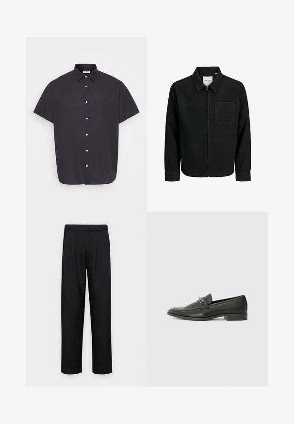 Zwarte zip-up jas met kraag en enkele borstzak, weergegeven op een witte achtergrond.; Korte mouwen zwarte overhemd met knopen, gemaakt van lichtgewicht stof, met een klassieke kraag en witte knopen aan de voorkant.; Zwarte broeken van gladde stof, met een recht model, twee voorknikken en een standaard tailleband met riemlussen.; Zwarte leren instapper met een gladde afwerking, voorzien van een gestikt ontwerp en een decoratieve metalen kettingaccent over de wreef. Platte hak.