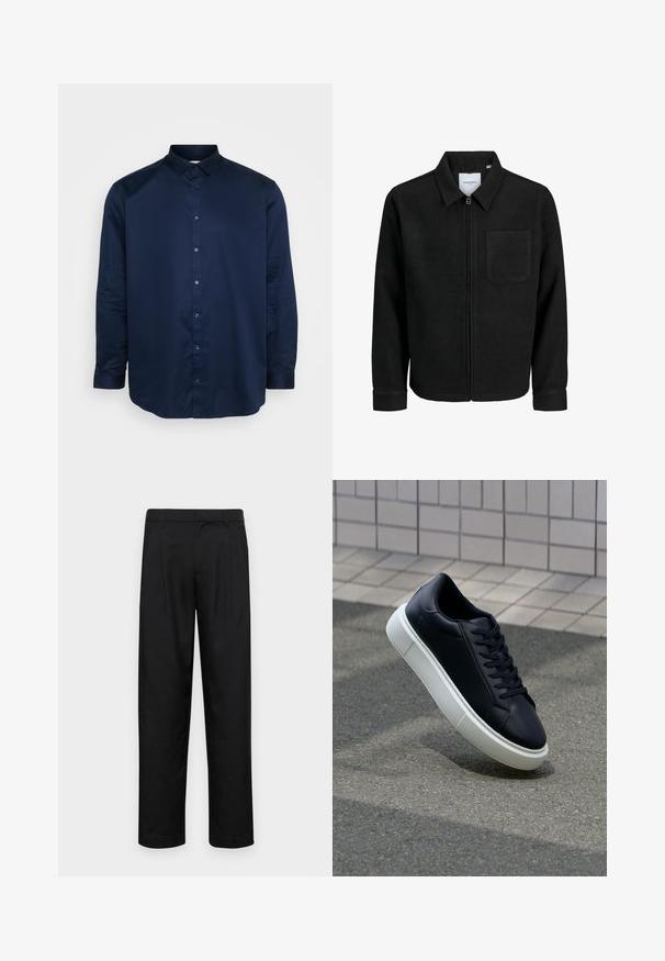 Black zip-up jacket with collar and single chest pocket, displayed on white background.; Navy blue button-up shirt made of smooth fabric, featuring a classic collar, long sleeves, and front button placket with matching buttons.; Black trousers made of smooth fabric, featuring a straight-leg design, two front pleats, and standard waistband with belt loops.; Black leather sneaker with rounded toe and white rubber sole. Features flat laces and minimal stitching on the upper. Textured sole for grip.