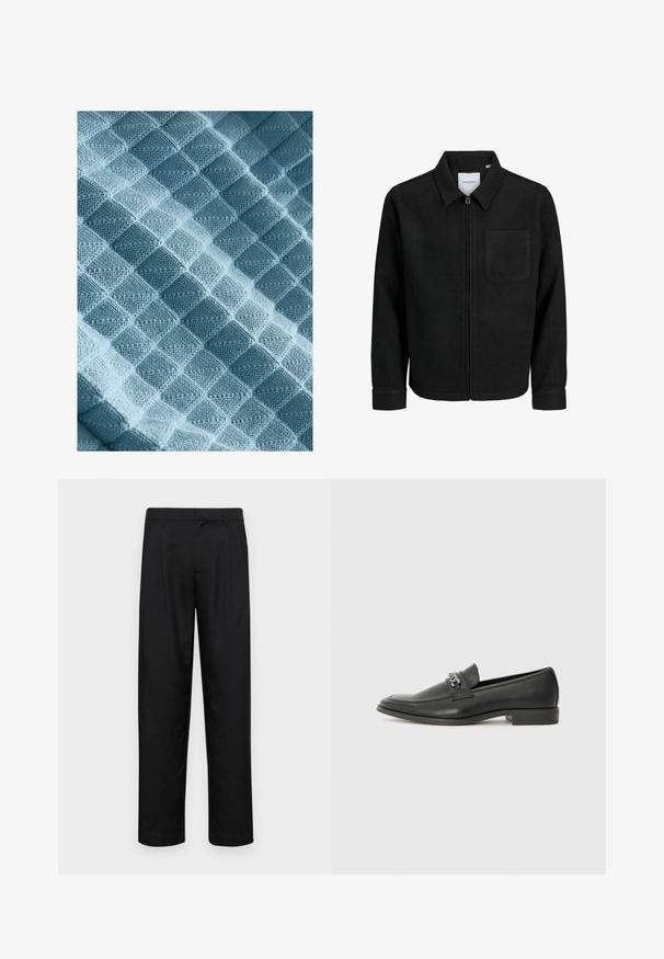 Melna jaka ar rāvējslēdzēju un apkakli, vienu krūšu kabatu, parādīta uz baltas fona.; Aizpītā auduma gaismas zila krāsa, ar teksturētu rakstu, kas veidots no paceltām kvadrātiem un dimantiem, izceļot maigu, siltu un taustāmu kvalitāti.; Melnas bikses, izgatavotas no gludas auduma, ar taisnu kāju dizainu, divām priekšējām krokām un standarta jostu, kurai ir āķi.; Melna ādas loafer izmēra apavi ar gludu virsmu, piedāvā ar šūtu dizainu un dekoratīvu metāla ķēdes akcentu pār vampu. Plakana papēža daļa.