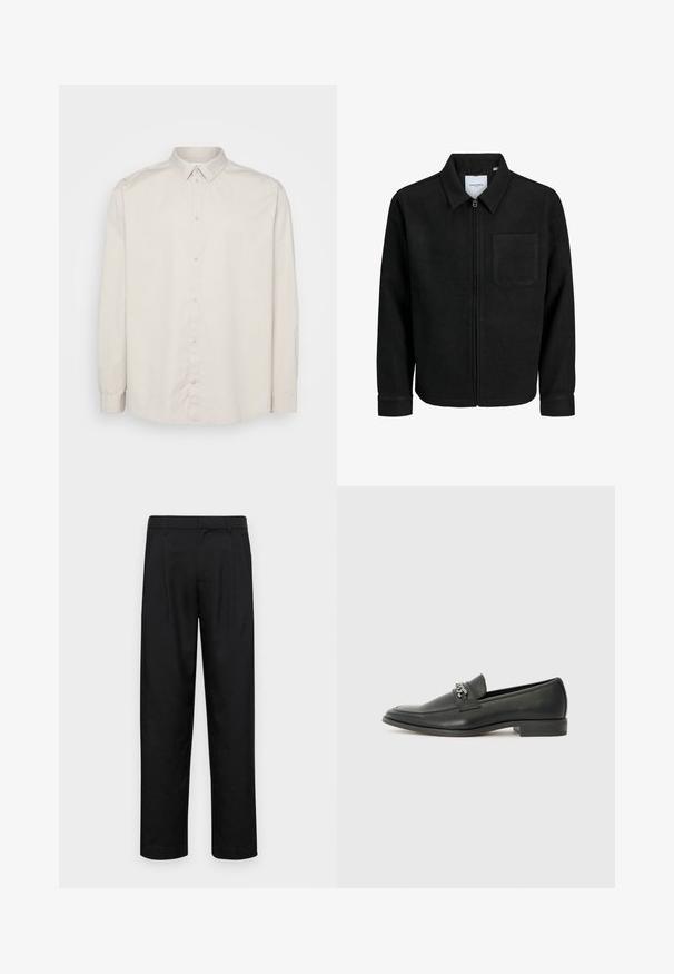 Svart zip-jacka med krage och en enda bröstficka, visad på vit bakgrund.; Långärmad skjorta med knappar i ljusbeige bomull. Har en klassisk krage, full knappframsida och manschetter med knappar. Slät textur.; Svarta byxor i slät väv, med rak ben-design, två framfickor och standardmidja med bälteshällor.; Svart läderloafers med en slät yta, med en sydd design och en dekorativ metallkedjeaccent över västen. Platt häldesign.