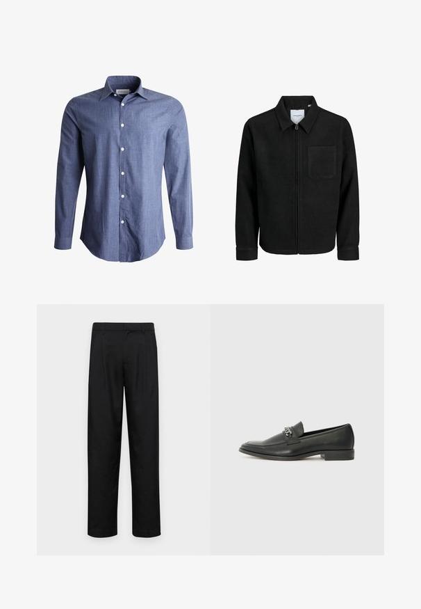 Giacca nera con zip, colletto e una tasca sul petto, mostrata su sfondo bianco.; Camicia a maniche lunghe blu realizzata in tessuto leggero, con colletto classico, chiusura frontale con bottoni e bottoni bianchi. Texture liscia, design versatile.; Pantaloni neri realizzati in tessuto liscio, caratterizzati da un taglio dritto, due pieghe frontali e una vita standard con passanti per la cintura.; Mocassino in pelle nera con finitura liscia, caratterizzato da un design cucito e da un accento decorativo in catena metallica sul vamp. Tacco piatto.