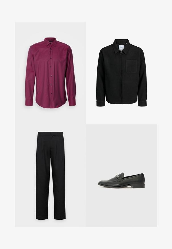 Fekete, zipzáros dzseki gallérral és egyetlen mellzsebbel, fehér háttéren.; Burgundy színű, hosszú ujjú ing gombos gallérral, texturált anyagból és sötét gombokkal, ívelt alsó hem és klasszikus szabás jellemzi.; Fekete nadrág sima anyagból, egyenes szárú fazonnal, két elülső redővel és közönséges derékkal, övhurkokkal.; Fekete bőr loaferek sima felülettel, varrott mintával és díszítő fém lánccal a cipő elején. Lapos sarok.