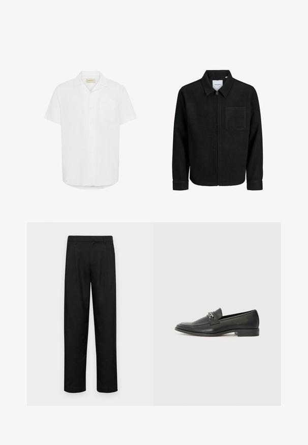 Giacca nera con zip, colletto e una tasca sul petto, mostrata su sfondo bianco.; Camicetta bianca a maniche corte, realizzata in tessuto leggero, con una sola tasca sul petto e un design a taglio rilassato.; Pantaloni neri realizzati in tessuto liscio, caratterizzati da un taglio dritto, due pieghe frontali e una vita standard con passanti per la cintura.; Mocassino in pelle nera con finitura liscia, caratterizzato da un design cucito e da un accento decorativo in catena metallica sul vamp. Tacco piatto.