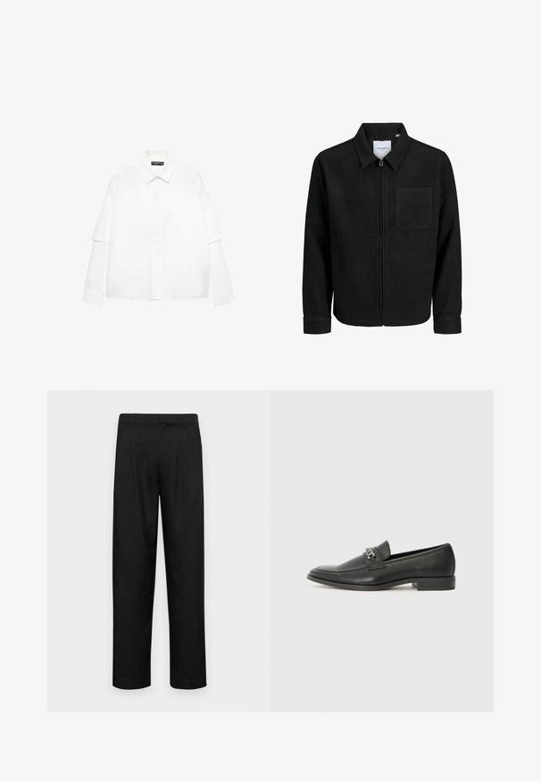 Sort lynlåsjakke med krave og en enkelt brystlomme, vist på hvid baggrund.; Hvid langærmet skjorte lavet af bomuld med knaplukning foran, der har en klassisk krave og oversized ærmer med en afslappet pasform.; Sorte bukser lavet af glat stof, med et lige ben-design, to frontfolder og en standard talje med bæltestropper.; Sorte læder loafers med en glat finish, der har et syet design og et dekorativt metal kædeaccent hen over vamps. Flad hæl.