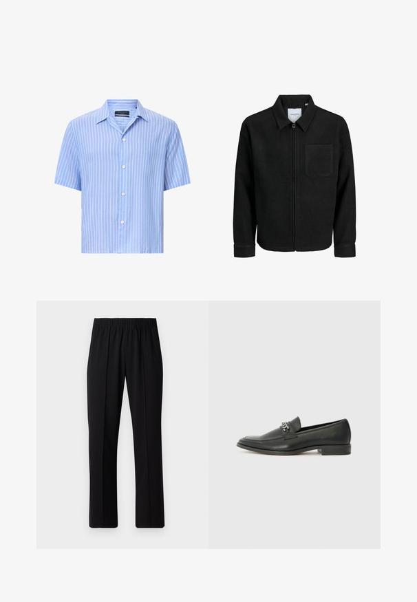 Sort lynlåsjakke med krave og en enkelt brystlomme, vist på hvid baggrund.; Kortærmet button-up skjorte i lyseblå med hvide lodrette striber. Lavet af letvægtigt stof, med klassisk krave og fem knapper.; Sorte bukser med elastisk talje og lige ben, der har en glat tekstur og ingen synlige mønstre eller hardware.; Sorte læder loafers med en glat finish, der har et syet design og et dekorativt metal kædeaccent hen over vamps. Flad hæl.